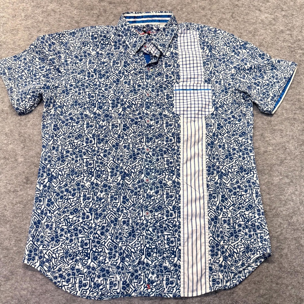 Robert Graham Shirt Mens Large Blue Floral Patchwork Tailored Fit Button Down